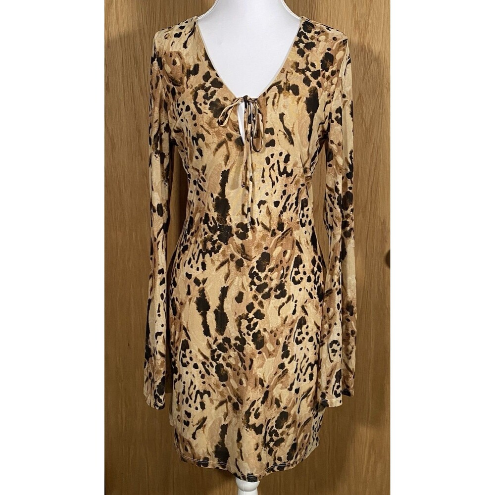 Bar III Women's M Animal Print Dress Sheer Bell Sleeves Festival Maximalist Mesh